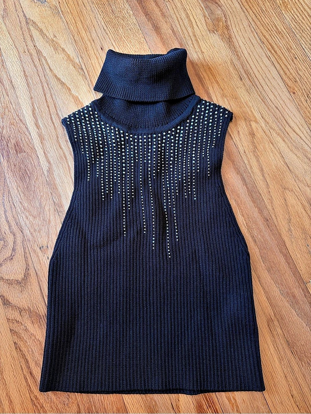 Zara Rhinestone Embellished Ribbed Turtleneck Top Black Medium